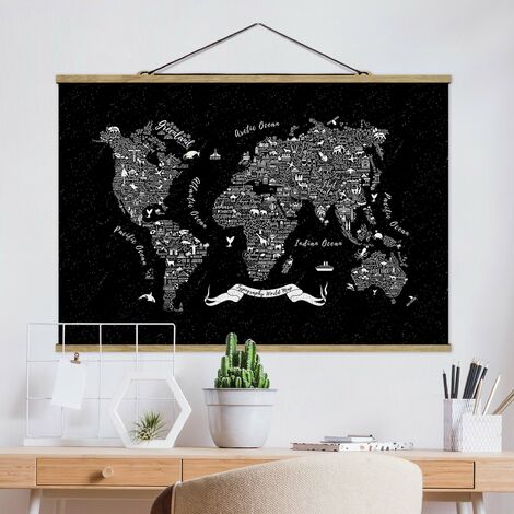 Foto su tessuto da parete con bastone - Tipografia Mappa del mondo nero -  Orizzontale 2:3 Dimensione