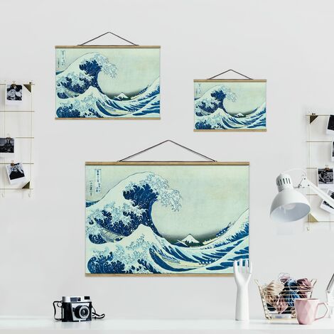 Foto su tessuto da parete con bastone - Katsushika Hokusai - La grande onda  a Kanagawa - Orizzontale 2:3 Dimensione HxL: 23.5cm x 35cm Materiale: Rovere