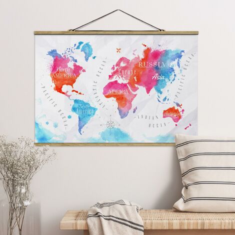Foto su tessuto da parete con bastone - Mappa del mondo Acquerello Blu  Rosso - Orizzontale 2:3