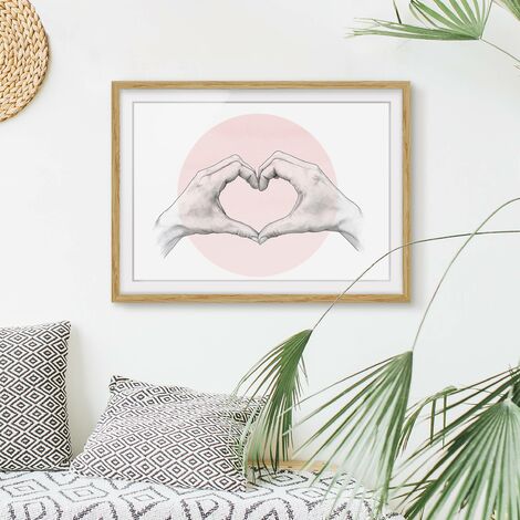 Poster con cornice Illustrazione Cuore cerchio mani Rosa Bianco verticale  su