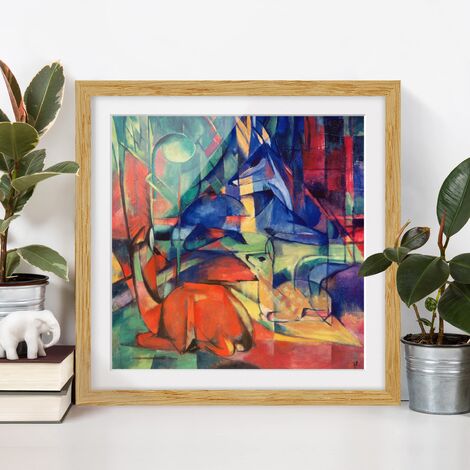 Poster con cornice - Franz Marc - Cervi Nella Foresta Dimensione HxL: 20cm  x 20cm, Colore cornice: Rovere