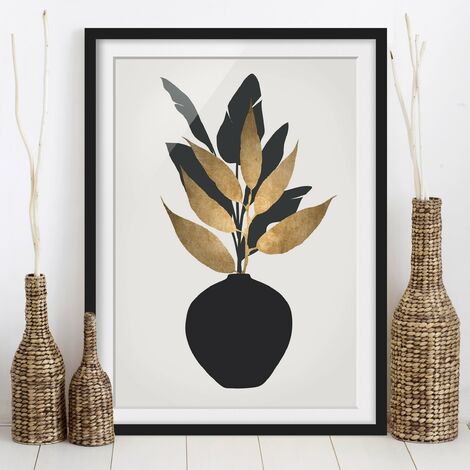 Poster con cornice - Mondo vegetale grafico - Oro e nero Dimensione HxL:  24cm x 18cm, Colore cornice