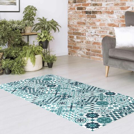 Tappeti in vinile - Mix di piastrelle geometriche con fiori turchese -  Verticale 2:1 Dimensione HxL: 80cm