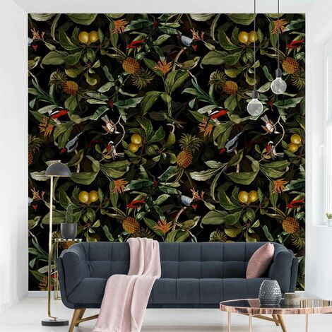 Carta da parati - Uccelli con ananas in verde Dimensione HxL: 192cm x 192cm  Materiale: Smart