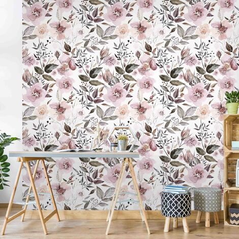 Carta da parati - Foglie grige con fiori in acquerello Dimensione HxL: 192cm  x 192cm Materiale: Smart