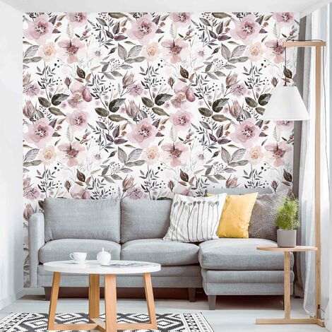 Carta da parati - Foglie grige con fiori in acquerello Dimensione HxL: 192cm  x 192cm Materiale: Smart