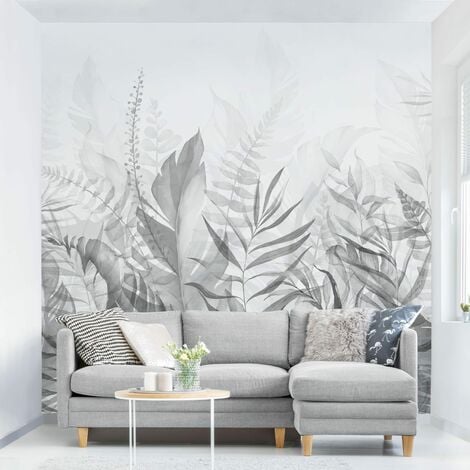 Carta da parati - Botanica - Foglie tropicali in grigio Dimensione HxL:  192cm x 192cm Materiale: Smart