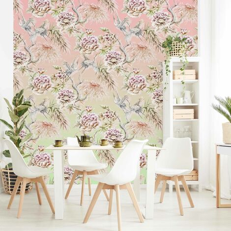 Carta Da Parati Fotomurale Peonie E Uccelli Acquerello - 250x170 Cm, 5 Strisce In TNT, Effetto 3D, Colore Viola