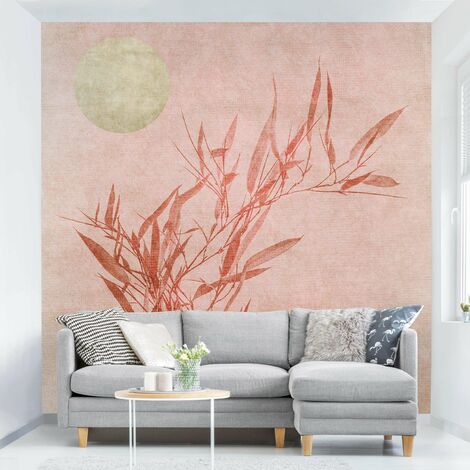 MICASIA Carta da parati - sole dorato con bambù Rosa Dimensione HxL: 336cm x 336cm Materiale: Premium