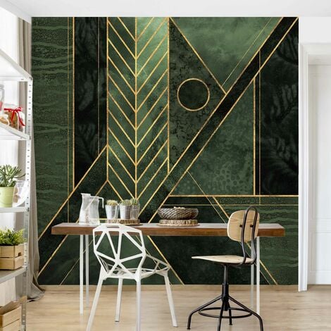 Carta da parati - Forme geometriche oro verde smeraldo - Formato quadrato  Dimensione HxL: 192cm x 192cm