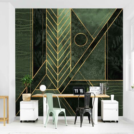 Carta da parati Premium - Verde Foglie d'oro Geometria - Formato quadrato  Dimensione HxL: 192cm x 192cm