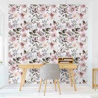 Carta da parati - Foglie grige con fiori in acquerello Dimensione HxL:  192cm x 192cm Materiale: Smart