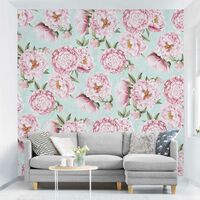 Carta da parati - Fiori rosa su verde menta in acquerello Dimensione HxL:  192cm x 192cm Materiale