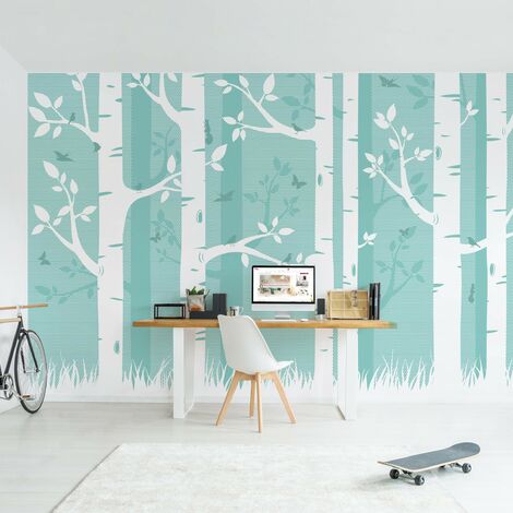 Fotomural Premium - Green Birch Forest With Butterflies And Birds - Mural apaisado Dimensión LxA: 190cm x 288cm