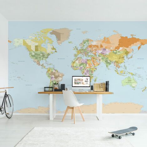 Escritorio de cristal con estampado de mapa del mundo