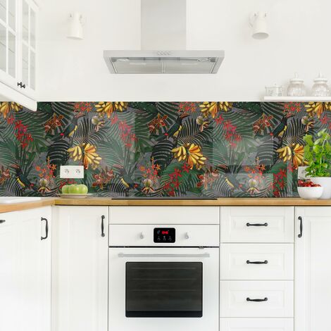 Revestimiento pared cocina - Tropical Ferns With Tucan Green Dimensión LxA: 40cm x 140cm Material: Smart
