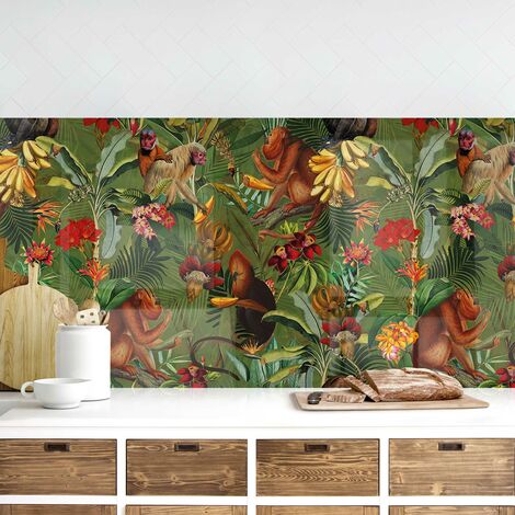Revestimiento pared cocina - Tropical Flowers With Monkeys Dimensión LxA: 40cm x 140cm Material: Smart