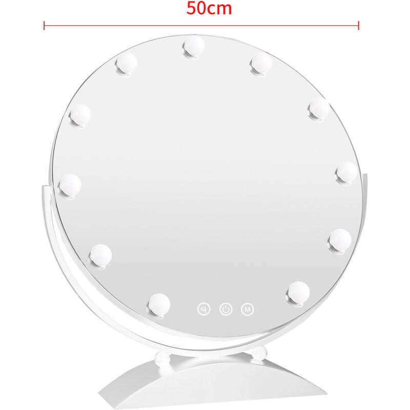 Miroir de Maquillage Hollywood , Miroir Lumineux rotond avec 11 Ampoules,  LED Réglables Dimmables, Tactile, 3 Modes d'Éclairage, Miroir Lumineux-  Blanc 50 cm