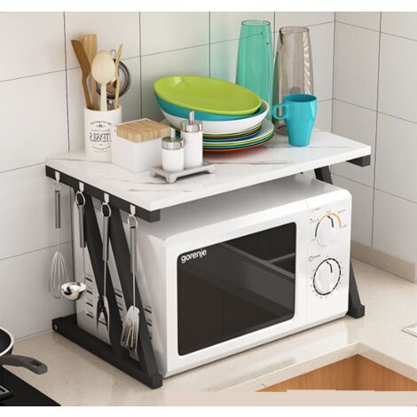 Étagère Micro Ondes Cuisine avec 4 Crochets, Etagère de Cuisine Multifonction de Stockage, Acier Carbone - Z