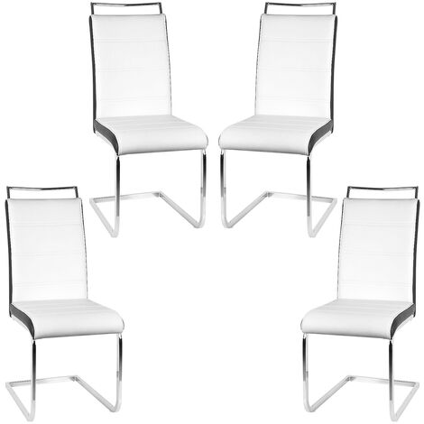 Lot de 4 chaises de Salle à Manger ou Cuisine avec Assise rembourrée et piètement chromé, revêtement en synthétique Blanc (1/5)