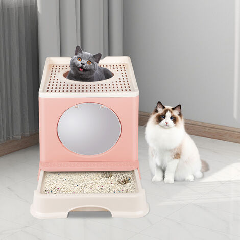 Bac à litière pour chat avec couvercle XXL, pliable et fermé avec porte avant et entrée par le haut - 45x34x39cm