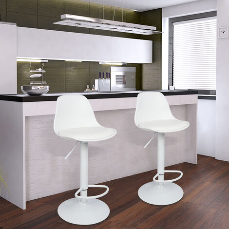 Tabourets de Bar Lot de 2 Blanc, Tabouret Comptoir réglable en Hauteur pour Comptoir de Cuisine, Coussin Souple en PU, Rotatif à 360°