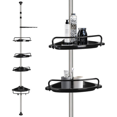 Étagère de Douche Réglable en Hauteur 105-310cm, Étagère d'Angle Douche Sans Percage, Acier Inoxydable, avec 4 Paniers et 1 Porte-Serviettes, pour Baignoire et Salle de Bain, Noir
