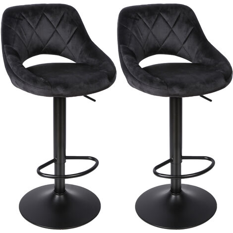 Tabouret Bar Lot de 2, Chaise Haute Cuisine, Velours Siège, Réglable en Hauteur, avec Dossier Incurvé, Assise Rembourrée, Repose-Pieds, Pivotant à 360°, Noir (1/5)