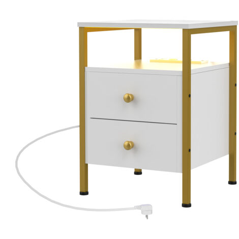 Table de Chevet LED Multifonction avec Station de Recharge (2 Prises + 2 USB) - 2 Tiroirs en Panneau de Particules Blanc, Cadre Métallique et Télécommande 16 Couleurs pour Salon/Chambre, Design Modern (1/5)