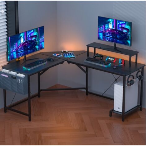 Sifree – Bureau gamer L avec surface carbone – 251x51x72cm – Prise électrique et ports USB – Design ergonomique avec tiroir en tissu