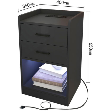 Rolanstar Table De Chevet LED Avec Chargeur USB Et 2 Tiroirs - Meuble Moderne Noir