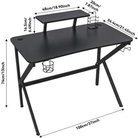 Bureau Gaming Professionnel avec Surface Carbone - 100x55x74cm Design Ergonomique Rangement Intégré (Porte-Casque, Support Console, Porte-Gobelet) pour Télétravail & Espace Jeu Compétitif