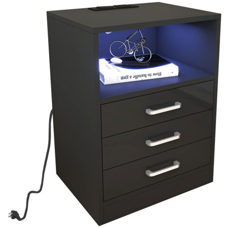 Table de Chevet LED avec 2 Prises Électriques + 2 Ports USB – En MDF, 3 Tiroirs et Étagerie Ouverte – Design Moderne 60x45x35cm (Noir) (1/4)