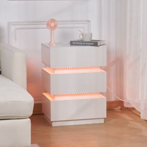 Sifree – Table de chevet blanche 3 tiroirs avec LED et prise USB – Meuble multifonction 42x32x63cm – Ambiance lumineuse pour studio ou chambre étudiante