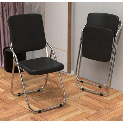 Lot de 2 Chaises Pliantes en Simili Cuir Noir Faciles à Nettoyer – Dossier Confortable & Pieds Chromés Argents Design Moderne pour Cuisine/Salle à Manger/Réunion – Idéal Petits Espaces & Résistance 1 (1/5)