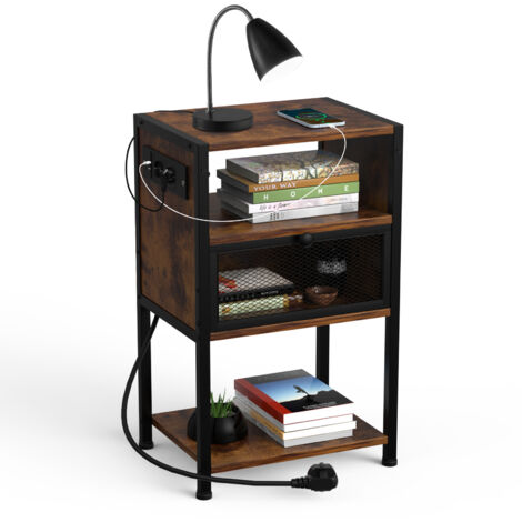 Table de Salon Industrielle avec 2 Prises + 2 Ports USB – 2 Étagères en Panneau de Particules – Design Multifonctionnel 40x30x65cm (1/5)