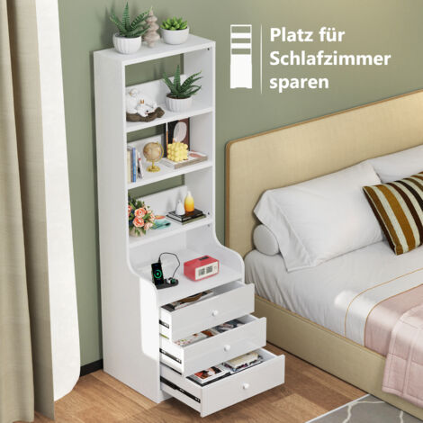 Meuble de Chevet Haut sur Pieds avec 3 Tiroirs & 3 Étagères - Table de Nuit Intelligente avec Station de Recharge USB, Gain de Place, MDF Blanc Durable - Dimensions 51x40x177 cm (Idéal Chambre/Salon M