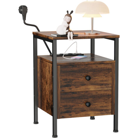 Table d'Appoint & Chevet Industrielle – 2 Tiroirs avec 2 Prises + 2 Ports USB, en MDF – Design Fonctionnel et Robustesse –41x41x61cm (1/5)