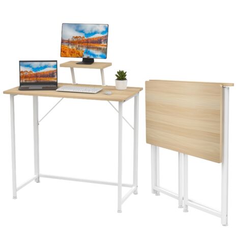 Bureau avec Support d’Écran et Plateau Bois Pliant - Table d’Étude pour Adolescent Structure Métallique Stable - Dimensions 80x45x75 cm (Idéal Bureau Maison/Chambre Ado/Espace Travail) (1/4)