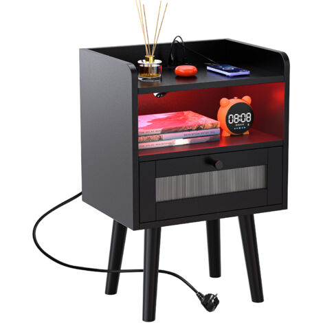 Table de Chevet Intelligente LED 16 Couleurs & Station de Recharge - 1 Tiroirs en MDF Noir 40x30x60cm - Meuble de Nuit Moderne avec Éclairage Ambiant pour Chambre (Design Minimaliste) (1/5)