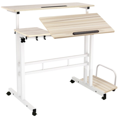 Bureau d'ordinateur avec plateau réglable en hauteur et inclinable, 80x60 cm, Poste de travail pour ordinateur portable, sur roulettes, adapté Pour la maison et le bureau