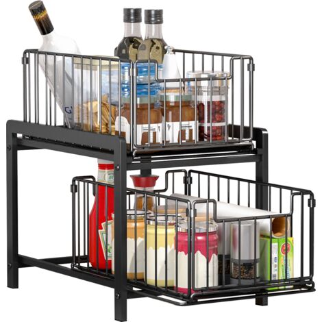 Organiseur de placard, 2 paniers, rangement cuisine et salle de bain, coulissant, HLP 38,5x26x37 cm (1/5)
