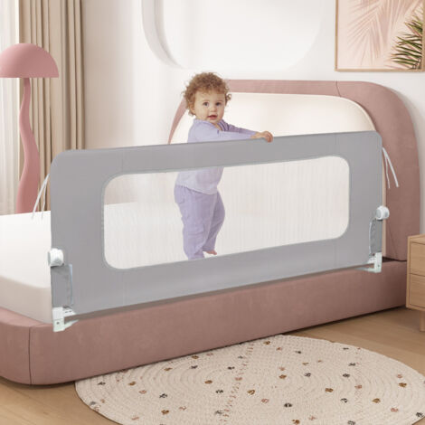 Barrière De Lit Enfant 180 Cm Extensible - 28 Niveaux Réglables 70-93 Cm, Modèle Petit Ours Gris, Sécurité Bébé Pour Lit Parental & Lit Bébé
