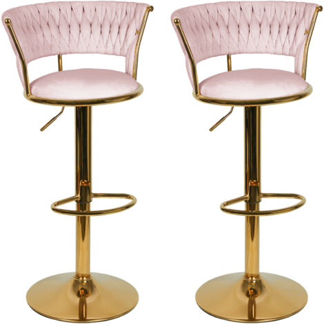 Lot de 2 Tabourets de Bar, en velours et métal, Chaises de comptoir réglable en Hauteur et Rotatif, Rose/Or (1/5)