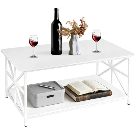 Table Basse, Table de Salon, Buffet Bas, Avec étagères, Cadre en Acier en Forme de X, 100x52x47cm, Style Industriel, Blanc (1/5)
