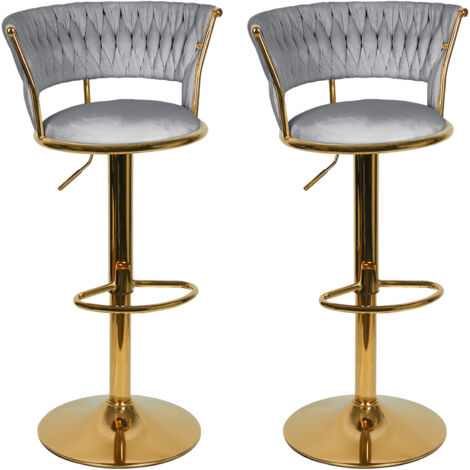 Lot de 2 Tabourets de Bar, en velours et métal, Chaises de comptoir réglable en Hauteur et Rotatif, Gris/Or (1/5)