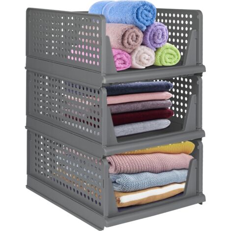 Boîte Rangement Plastique, 3 Caisses de Rangement Pliables, Boite Empilable pour Vêtement, Livres, Jouets, Caisse pour Chambre, Salon,Cuisine