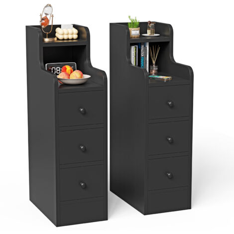 Tables de Chevet, Lot de 2, avec Tiroir et Compartiment Ouvert, Pieds en Bois, Noir, 70x35x20cm (1/5)
