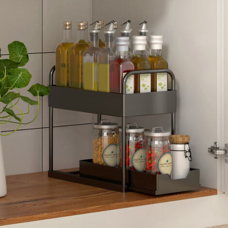 SiFree®Etagere de Rangement sous Evier Rack avec tiroir coulissant pour Cuisine et Salle de Bain-2 Niveaux-ABS Support de Rangement Organiseur Porte-épices noir