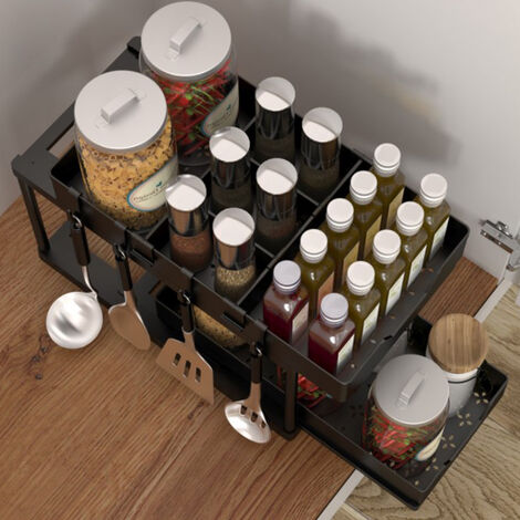 SiFree®Etagere de Rangement sous Evier Rack avec tiroir coulissant pour Cuisine et Salle de Bain-2 Niveaux-ABS Support de Rangement Organiseur Porte-épices noir